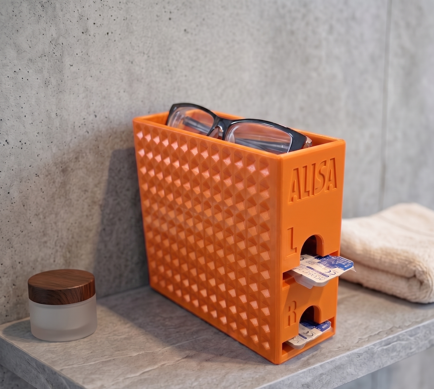 Kontaktlinsen-Organizer für 60 Tageslinsen- 3D-Druck Spender mit Brillenablage