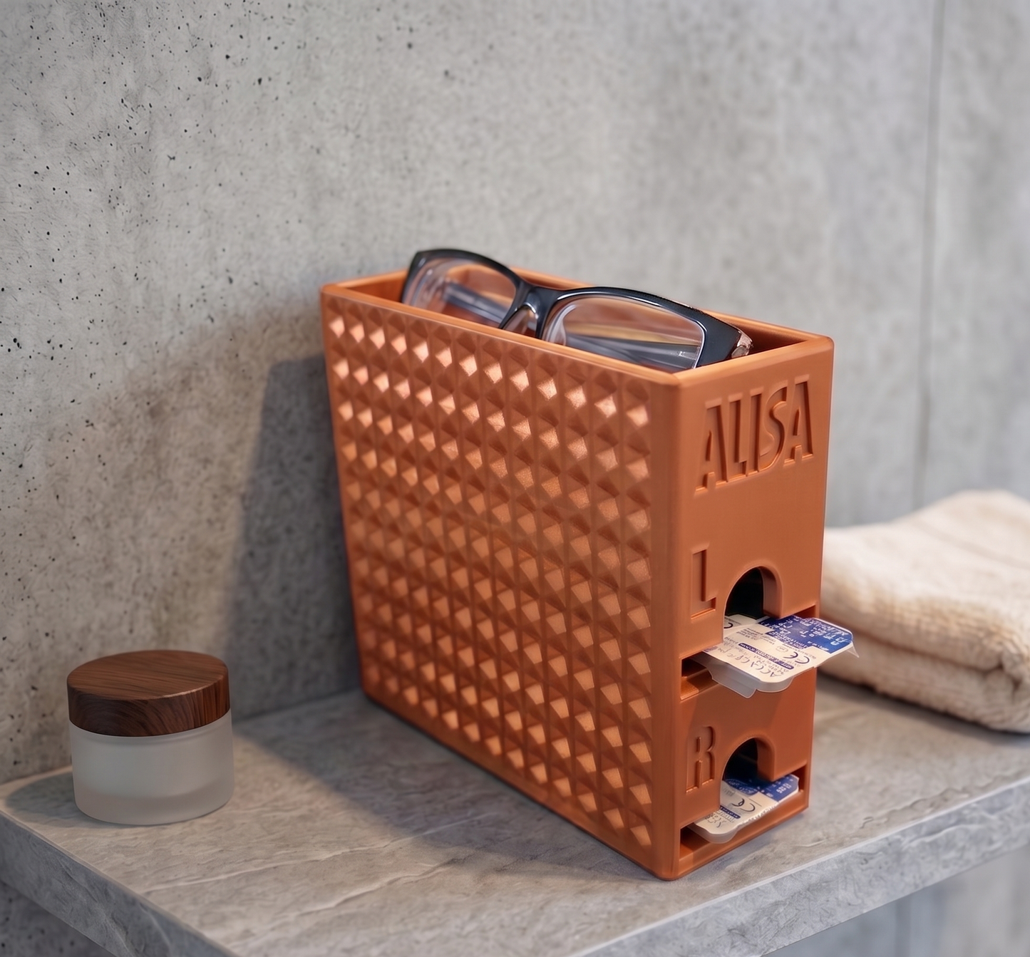 Kontaktlinsen-Organizer für 60 Tageslinsen- 3D-Druck Spender mit Brillenablage