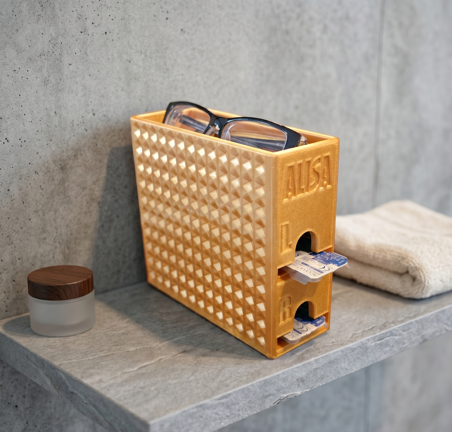 Kontaktlinsen-Organizer für 60 Tageslinsen- 3D-Druck Spender mit Brillenablage