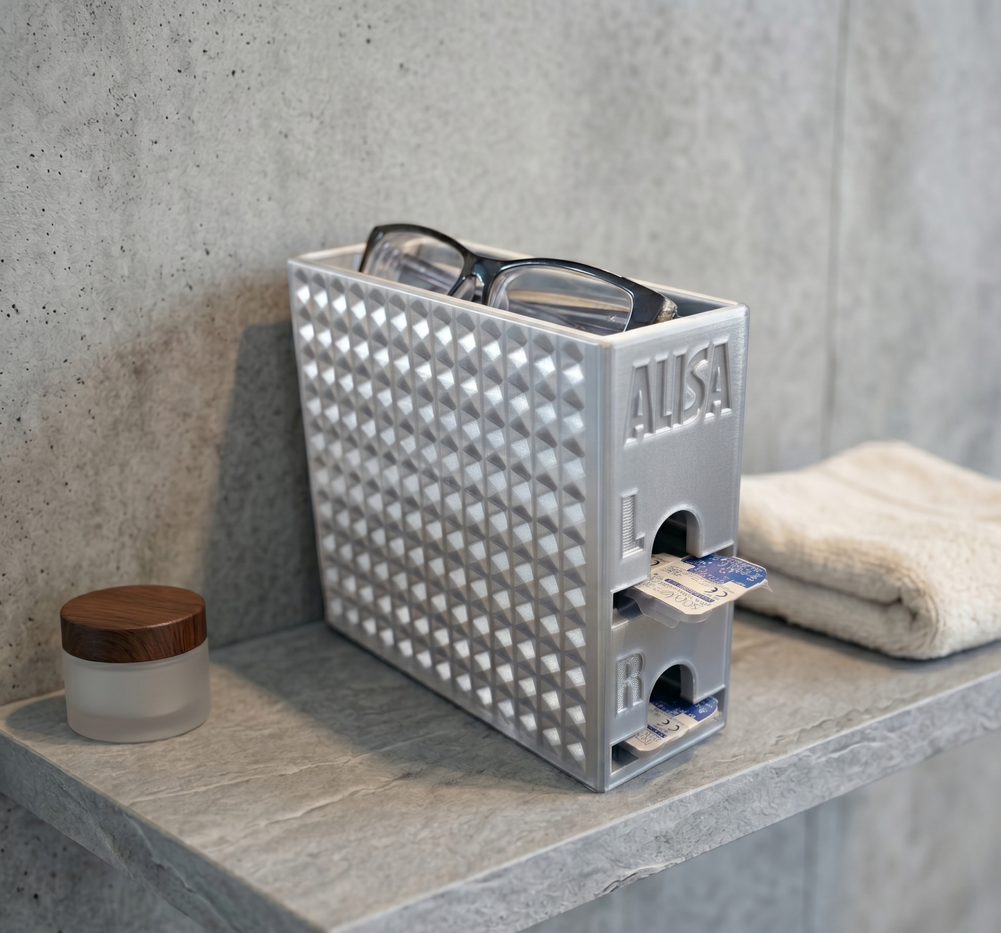 Kontaktlinsen-Organizer für 60 Tageslinsen- 3D-Druck Spender mit Brillenablage
