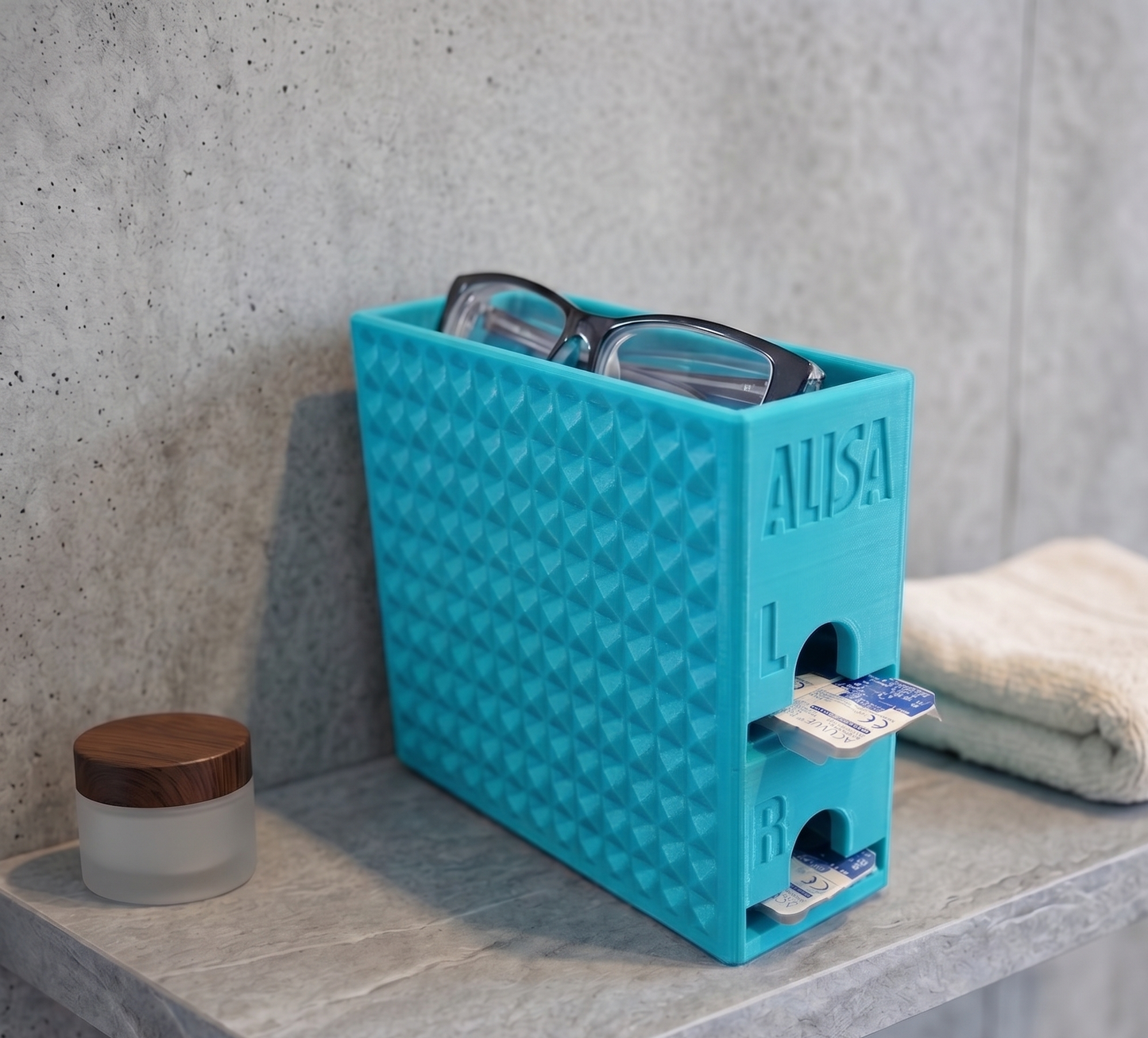 Kontaktlinsen-Organizer für 60 Tageslinsen- 3D-Druck Spender mit Brillenablage