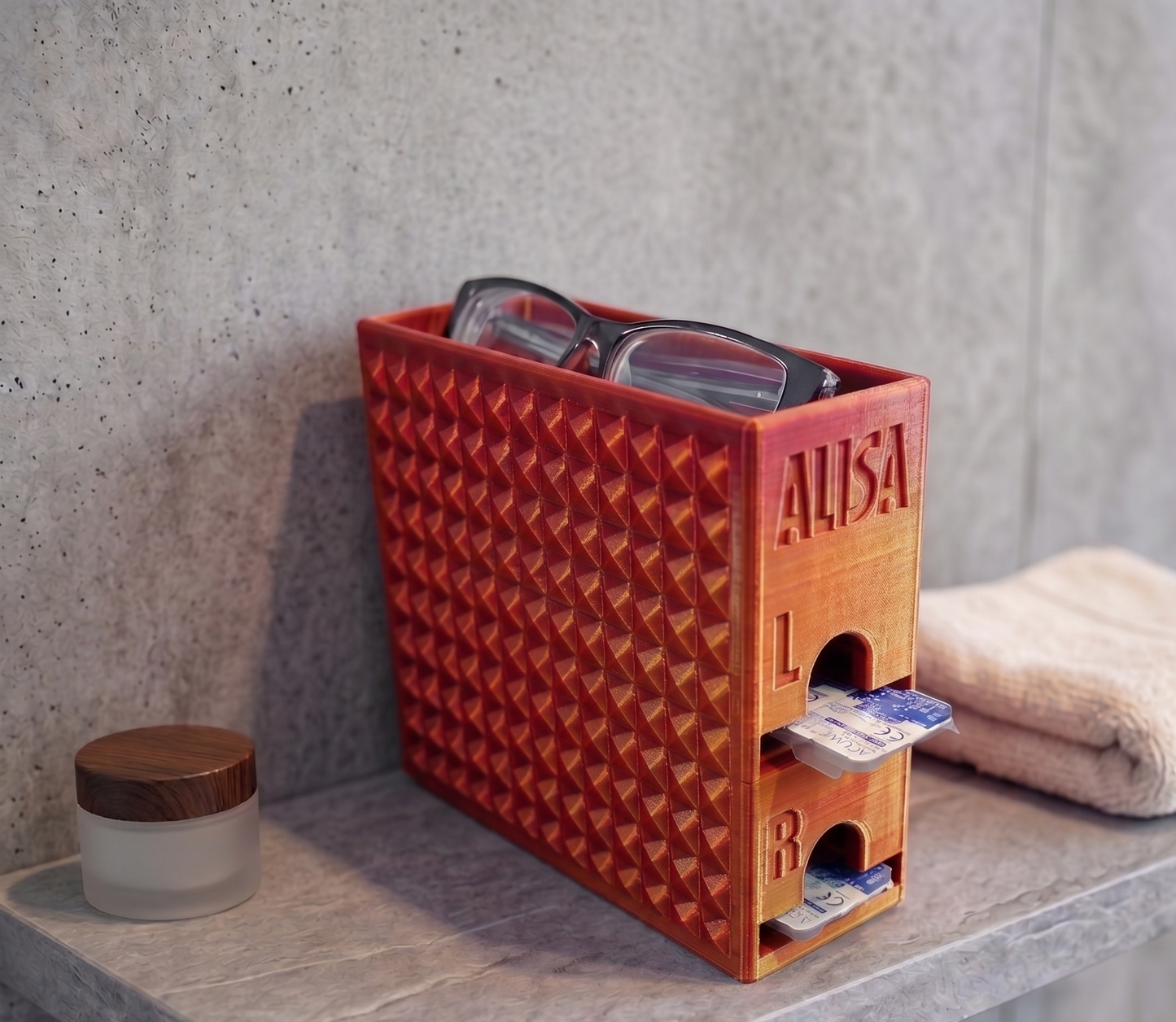 Kontaktlinsen-Organizer für 60 Tageslinsen- 3D-Druck Spender mit Brillenablage